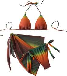 SEGT Women's 3 Piece Swimsuit Halter Side Tie Thong Bikini Set With Cover Up Skirt - Grey Multi - 查看 6