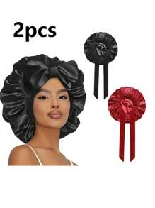 2 pezzi Bonnets da donna con cinturino elastico, in stile seta liscia, colore tinta unita, Bonnets in raso per la cura dei capelli, uso casuale e quotidiano
