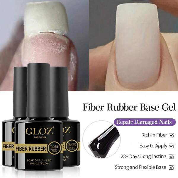 GLOZ 3PCS Fiber Rubber Base Gel Nail Strengthener Nail Polish Repair Nail Growth Treatment For Thin And Damaged Nails Gifts For Women