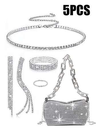5件套女士时尚晚宴手拿包，璀璨夺目的晚宴包，搭配闪耀的钻石配饰，奢华的钻石项链、耳环、手镯和戒指，镶嵌锆石，时尚精致，是女士夏季晚宴的最佳选择。