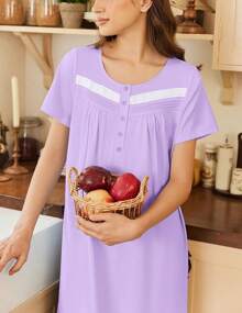 Camisón de mujer Ekouaer de algodón, camisón largo con mangas cortas, con bolsillos, botones y suave ropa de dormir