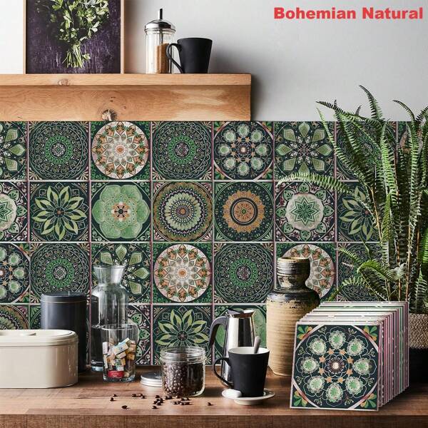 24pcs Bohemian Style Kitchen Bathroom Entrance Waterproof Moisture-Proof Wall Stickers,Mandala Pattem Tile Stickers,PVC Self-Adhesive Decorative Stickers For Home Kitchen Living Room Bathroom Wallpaper Wall Paper Room Decor Wall Decor