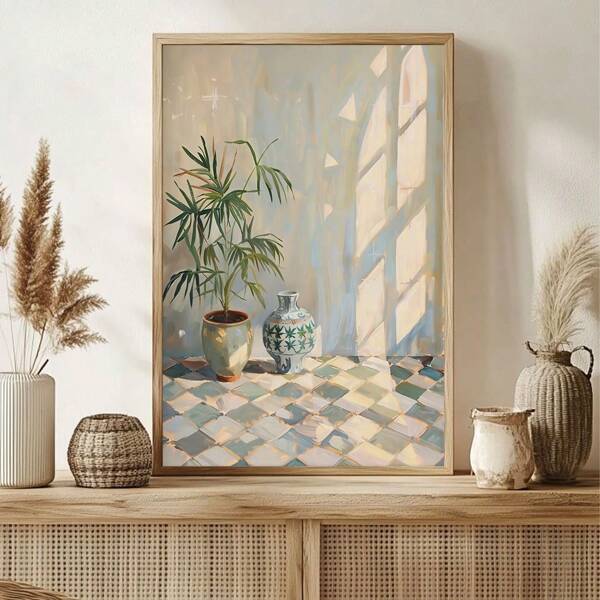 1 Pc Moroccan Wall Decor, Moroccan Tiles, Kashi Art Print, Mediterranean Architecture, Neutral Color Plant Vase, For Home Mara Office, Living Room, Bedroom, Dining Room Decor, Frameless