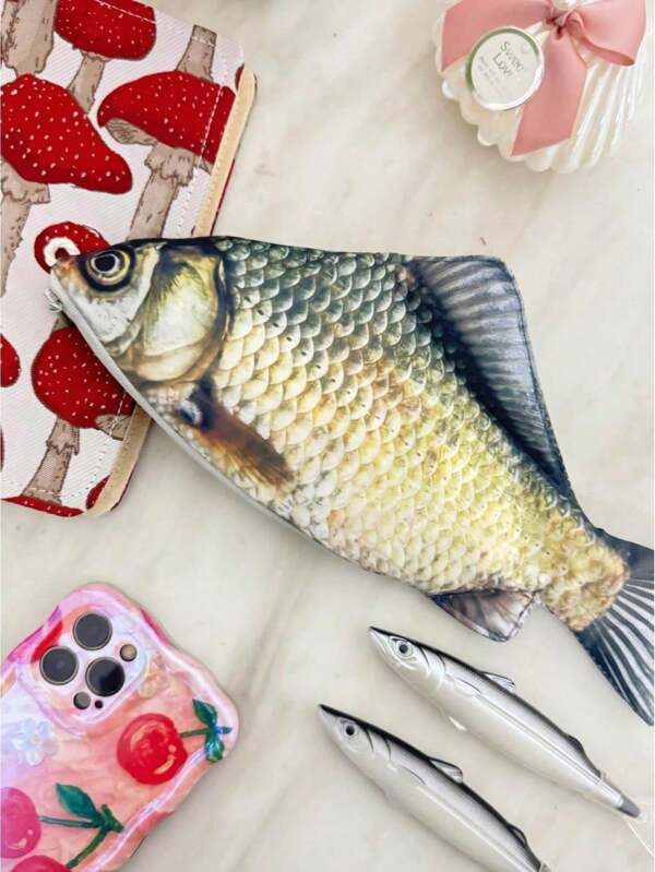 1pc Funny Carp Fish-Like Zipper Pouch Pen Pencil Case Makeup Bag Simulated Salted Fish Pencils Pouch Bag Funny School Pencil Cases Stationery Supplies Waterproof Durable Lightweight Portable Organizer For School Office Home Travel Art Craft Accessories Storage