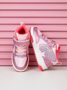 1 Pair Girls' Sweet Polyamide Princess Style Shoes With Butterfly Embroidery, Cute High Top Children Canvas Shoes With Shiny Leather Surface, Suitable For All Seasons, Colorful Outsole Sports Sneakers