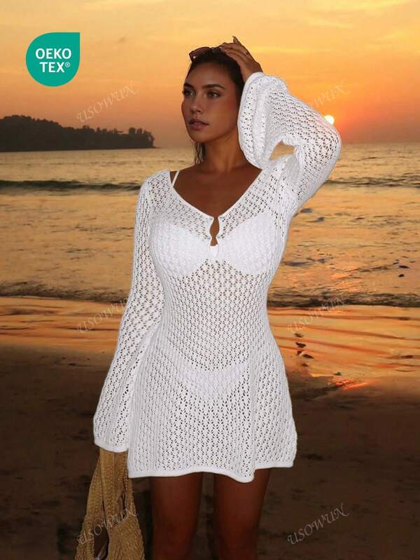 Women's Long Sleeve Hollow-Out Swimsuit Cover-Up, Elegant Boho Beach Vacation Style, V-Neck Short Dress