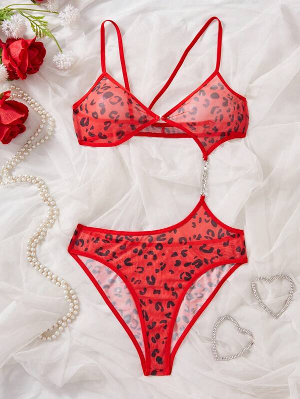 Roupa íntima feminina de malha, estampa de chita vermelha, recortada, transparente, lingerie sexy de verão, conjunto de lingerie sexy com estampa de leopardo, body selvagem