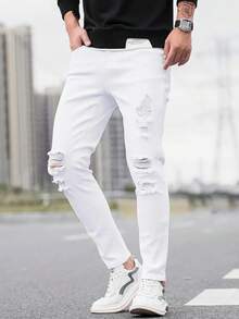 Men's Fashion Casual Washed Elastic Distressed Slim Fit Jeans - White - View 3