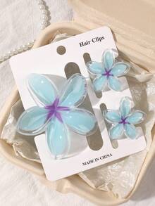 3 件套发夹卡，春夏波西米亚风格果冻透明薄荷蓝、紫色花朵图案，各种尺寸雏菊花发夹，适合海滩度假稀疏刘海发饰时尚发饰花爪夹休闲发夹秋冬度假装女士
