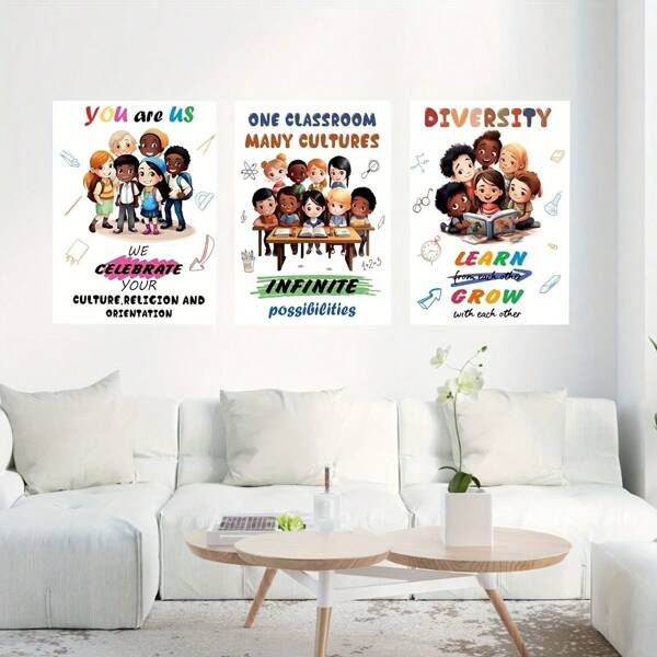 3pcs Diversity Poster Stickers For Classroom - PVC Self-Adhesive Wall Art, Multi-Cultural Affirmation, Suitable For Youth, Inclusion And Equality Themed Wall Decals, Fit For Middle To High School Decoration, Teacher Classroom Decor, 30*40cm, School Supplies,Back To School