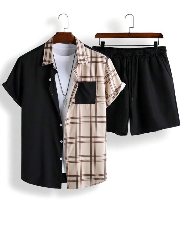 2 pièces Ensemble chemise à boutons à carreaux bicolores et short à cordon de serrage pour hommes
