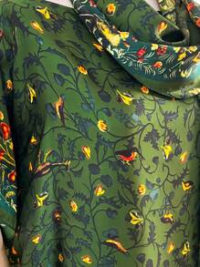 1 Pc Women's Faux Silk Bird Print Robe Set With Headscarf, Summer Beach Sun-Protective Cover Up Poncho With Satin Scarf