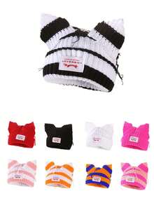 1pc Women's Fashion Striped Ear Adorned Distressed Fabric Tag Knitted Hat, Warm For Autumn/Winter Outfit Beanie Fall Outfit - Multicolor - View 13