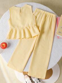 Left Mama Girls Cute Simple Striped Sleeveless Bow Top And Straight Leg Pants Set, Summer