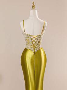 Rolarold 优雅吊带撞色蕾丝正式礼服，开衩伴娘礼服，派对婚礼季，情人节 - 金色 - 查看 8