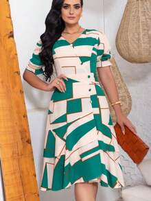 Women's Midi Dress Social Evangelical Floral Plain Wrapped Ruffle Christian Fashion Modest Elegant Party Wrap Dress - Màu xanh hình học - Xem 1