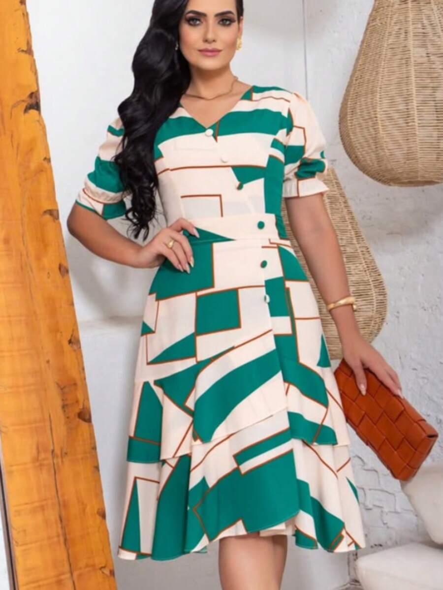 Women's Midi Dress Social Evangelical Floral Plain Wrapped Ruffle Christian Fashion Modest Elegant Party Wrap Dress - Màu xanh hình học - Xem 1