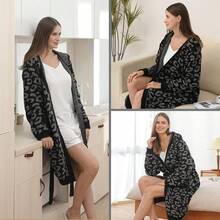Bearberry Hooded Robe Cozy Leopard Robe Lightweight Soft Plush Bathrobe With Pockets For Women - Graphite/Carbon - View 3