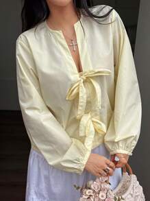 DEEKA 2023 Spring-Summer New Arrival Summer Butter Yellow Graduation Outfit Women Fashion Casual Silk Blouse With Bow Decor