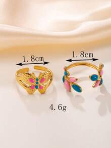 2 件不锈钢时尚金色开口戒指套装，彩色叶形，适合女性日常佩戴或作为礼物 - 金黃色 - 查看 3