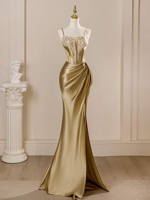 Women Satin Spaghetti Strap Corset Luxury Homecoming Prom Dress With Split Thigh Bridesmaid Dress