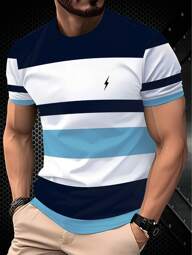 Casual Men's Round Neck 3D Striped Print T-Shirt, Breathable & Comfortable, Machine Washable. 100% Polyester, Lightweight Fabric, Suitable For Summer Wear