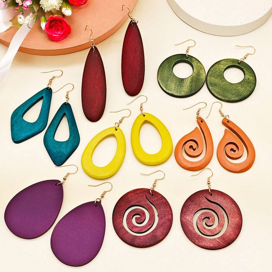 7 Pairs/Set Retro Minimalist Wooden Pendant Earrings, Versatile And Suitable For Women, Spring And Summer Holidays