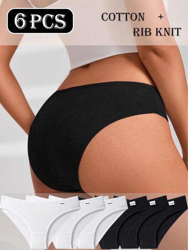Roupa íntima feminina com 6 peças, tecido canelado, estilo básico, roupa íntima feminina esportiva casual e confortável, estilo triângulo.