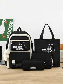 4件组合包 时尚简约可爱大容量多口袋实用耐用双肩包套装女生日常上班休闲度假郊游单肩包背包文具包手提包小学生初中生高中生大学生开学必备带挂坠背包 - 彩色 - 查看 2