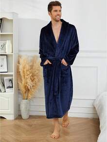 Mens Fleece Robe Plush Collar Shawl Bathrobehalloween - Navy - View 6