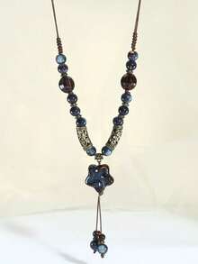 1pc New Exaggerated Bohemian Long Colorful Beaded Metal Asymmetrical Geometric Pendant Necklace Jewelry (The Product Material Is Ceramic, Which Will Be Heavier Than Regular Resin/Plastic)