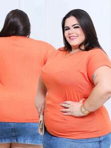 Blusa Plus Size Feminina Manga Curta Japonesa Viscolycra Confort Estilo Elegante - Laranja - Visão 2