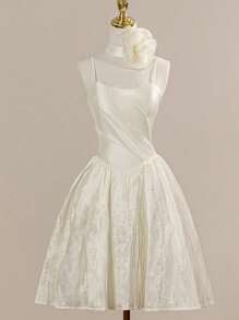 Spaghetti Strap Romantic Floral Decor Sleeveless Pleated Baroque Princess Skirt, Bride Gift Dress Suitable For Graduation Prom Party