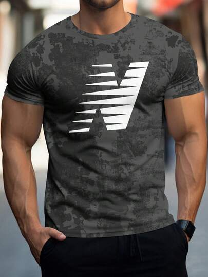 Men's Breathable Casual Short Sleeve Round Neck T-Shirt, Gradient Pattern, Polyester Blend, Machine Washable, Suitable For Summer Sports And Leisure Wear