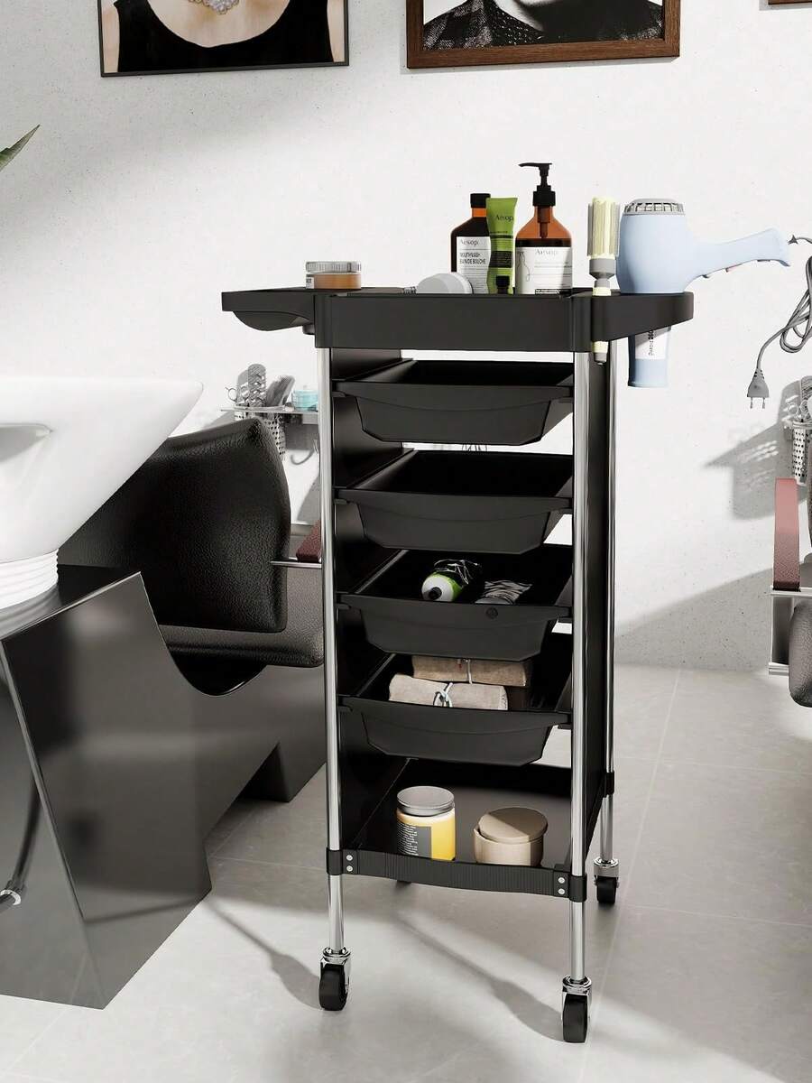 Professional Barber Trolley With 4 Drawers | Mobile Beauty Storage Cart For Salon & Spa Use - Black - View 1