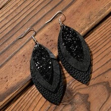 European And American Fashion Leather Multi-Layer Earrings Leaf-Shaped PU Earrings - 黑色 - 查看 1