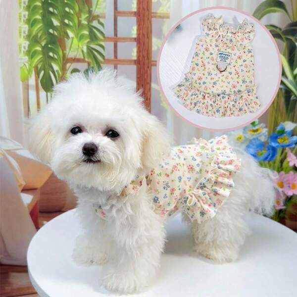 1pc Spring/Summer Lightweight Ditsy Floral Pet Dress, Fresh Cream Edges Pet Princess Dress, Soft & Comfortable For Cats, Bichon Frise, Small Dogs, Teddy Dogs