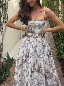 Women's Summer Corset Ruched Waist Party Dresses Long Cami Dress Y2K Sleeveless Floral Backless Dress Spaghetti Strap Bustier Maxi Dress Going Out Swing Sundress - Màu tím - Xem 2