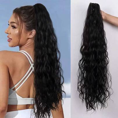 Extensión de cabello sintético de fibra ondulada negra de 26 pulgadas de largo con pinza, adecuada para mujeres y niñas, para fiestas y uso diario ZURO