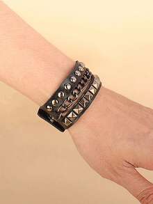 Xiacheng 3 Pcs Punk Rock Studded Bracelet Set Spiked Leather Cuff Bracelet For Men Women 80s Wristband Emo Bracelet Adjustable - Black - View 10
