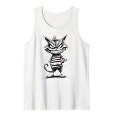 Summer Casual Loose Fit Round Neck Tank Top With Cheshire Cat Print Design - High-Quality Fashionable Summer Wear-1558 - White - View 1