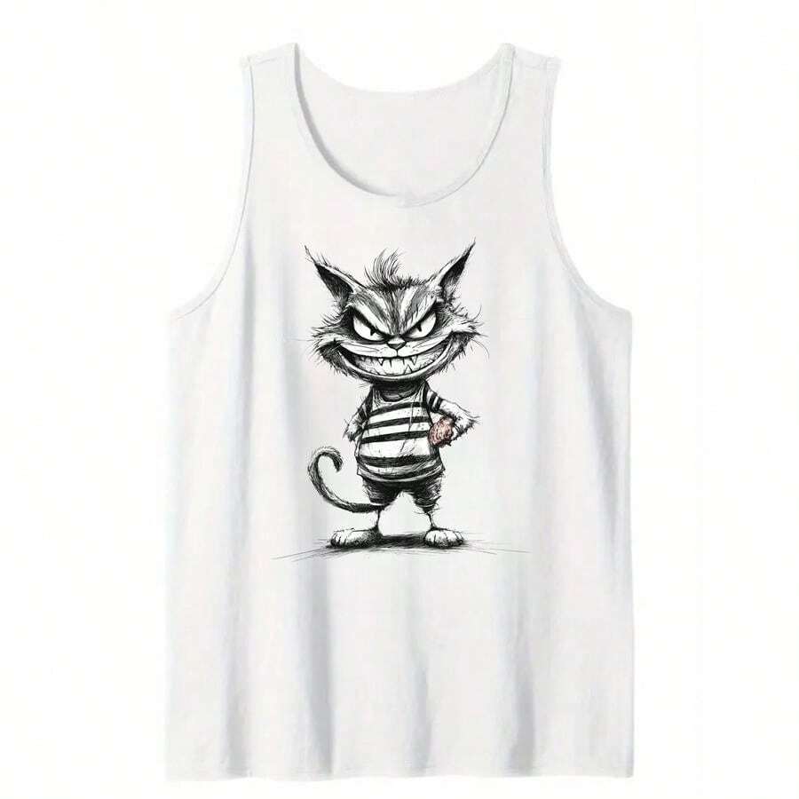 Summer Casual Loose Fit Round Neck Tank Top With Cheshire Cat Print Design - High-Quality Fashionable Summer Wear-1558 - White - View 1