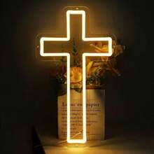 Cruz em Led Neon Crucifixo Placa para Decoração Acrílico LED Religioso Cristo Luminária 40x25cm