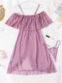 2pcs/Set Mesh Sheer Sexy Lingerie Slip Dress With Slit, Off Shoulder Camisole And Shorts - Purple - View 6