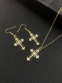1 ketting + 1 paar oorbellen, donkere stijl, diamanten kruishanger, oorbellen, opengewerkte punkstijl sieradenset voor dames