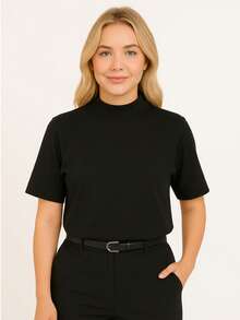 Kit 3 T Shirt High Neck Oversize Sleeve Women's High Neck Blouse Short Sleeve Plain Basic T-Shirt Black White Nude - 米色 - 查看 5