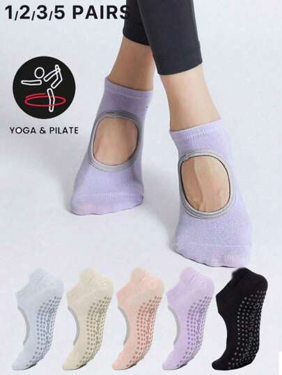 1/3/5 Pairs Of Women's Multi-Color Combinations, Solid Colors, Instep Openings, Moisture-Absorbing Knitted Fabric, Anti-Slip Adhesive For Soles, Ins Style, Sports Socks, Yoga, Dance, Indoor Pilates, Floor Fitness, Gifts (Random Colors)