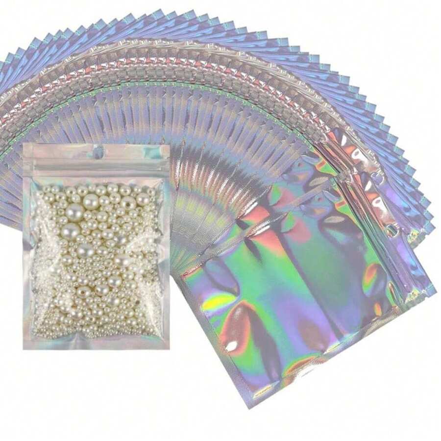 Bolsas de diversos tamaños opcionales de 1000/500/100/50, bolsas con película de poliéster iridiscente y a prueba de olores, con cremallera de aluminio termosellable y agujeros para colgar, adecuadas para empaquetar regalos de fiesta, joyas y muestras de uñas, bolsas de almacenamiento de accesorios de joyería, cosméticos, etc. Adecuadas para pequeñas empresas, bolsas de aluminio para regalos de fiesta