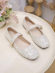 Sapatos Mary Jane Plus Size Femininos, Nova Moda Primavera/Outono, Brilhantes, Com Lantejoulas, Bico Quadrado, Sapatos Rasos, Sem Cadarço, Para Casual, Trabalho, Festa, Bailarina Leve e Confortável, Com Amarração De Fita, Solado Macio - Bege - Ver 7