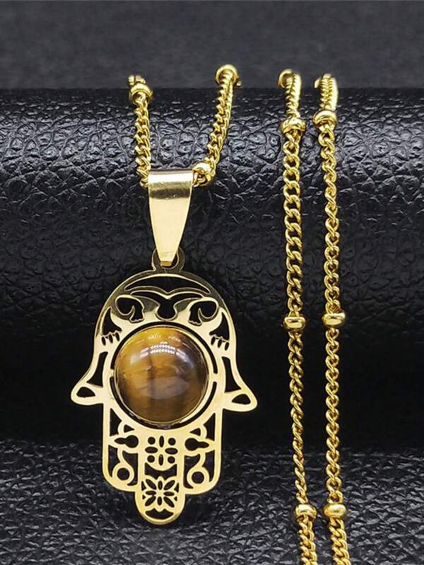1pc Vintage Fatima Hand Pendant Necklace, Unisex Stainless Steel Gold Plated Natural Stone Necklace